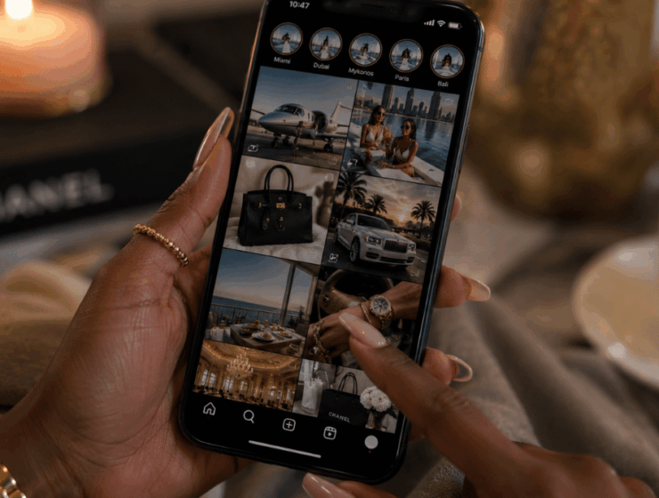 A Black woman scrolls through a luxury-filled social media feed illustrating how lifestyle inflation can be influenced by constant online exposure.
