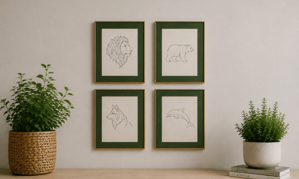 What is my chronotype: lion, bear, wolf and dolphin illustrated as framed line art drawings