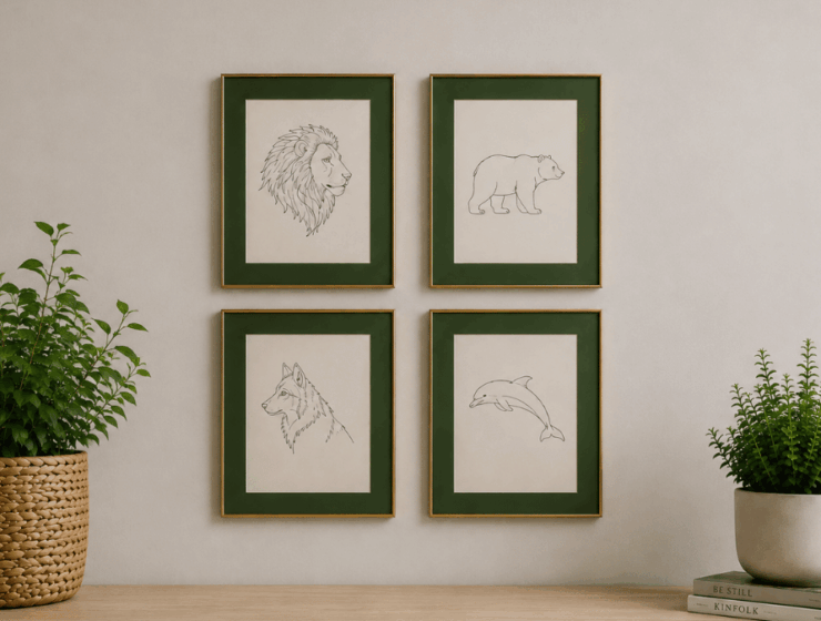 What is my chronotype: lion, bear, wolf and dolphin illustrated as framed line art drawings