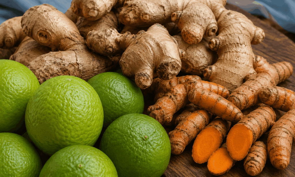 Fresh ginger, turmeric and limes on a wooden surface, nutrient-rich ingredients commonly used in African cuisine that support healthy skin.