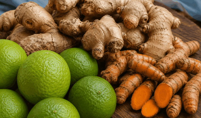 Fresh ginger, turmeric and limes on a wooden surface, nutrient-rich ingredients commonly used in African cuisine that support healthy skin.