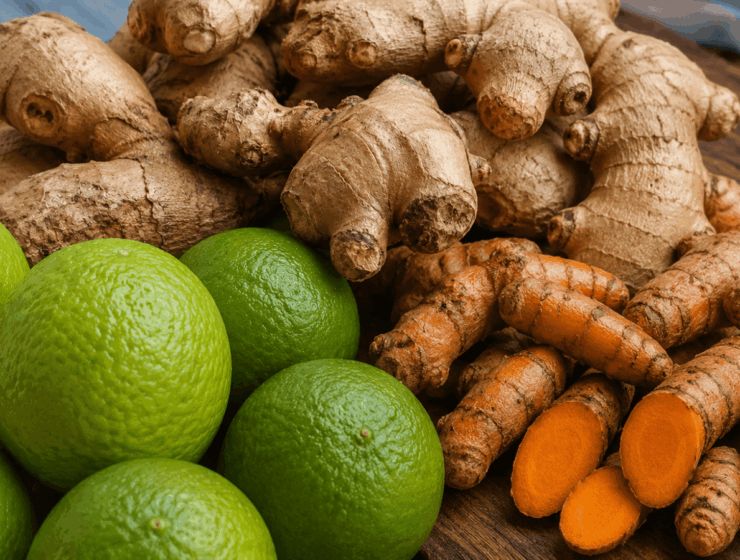 Fresh ginger, turmeric and limes on a wooden surface, nutrient-rich ingredients commonly used in African cuisine that support healthy skin.