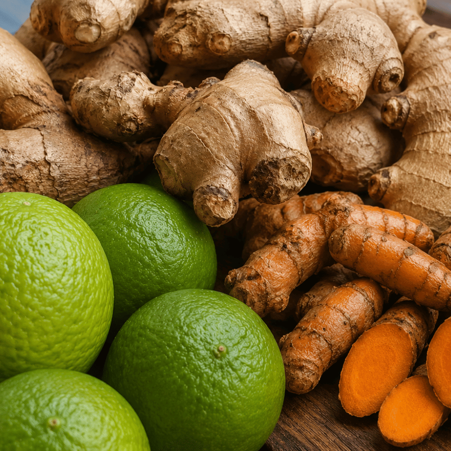 Fresh ginger, turmeric and limes on a wooden surface, nutrient-rich ingredients commonly used in African cuisine that support healthy skin.