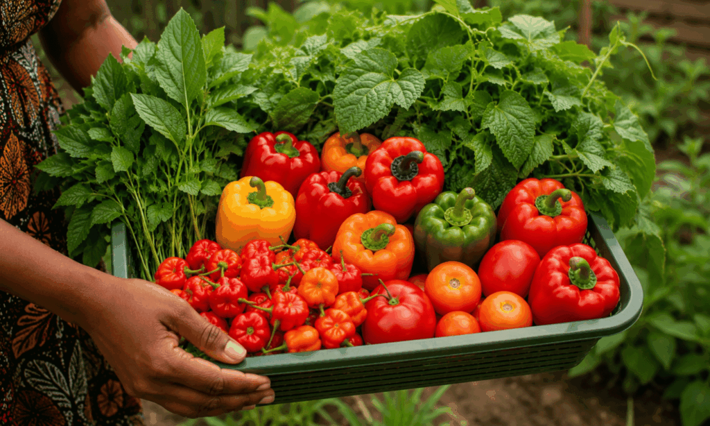 Freshly harvested African vegetables from a home gardening project