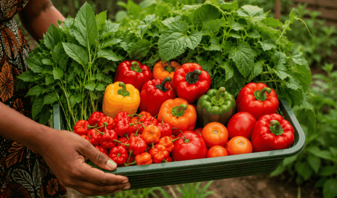 Freshly harvested African vegetables from a home gardening project