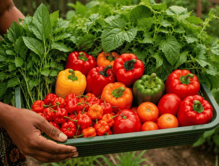 Freshly harvested African vegetables from a home gardening project