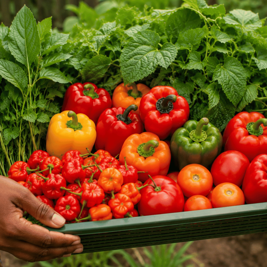Freshly harvested African vegetables from a home gardening project