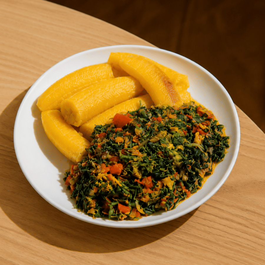 Plate of boiled unripe plantain and vegetable sauce showing an example of low-calorie African foods