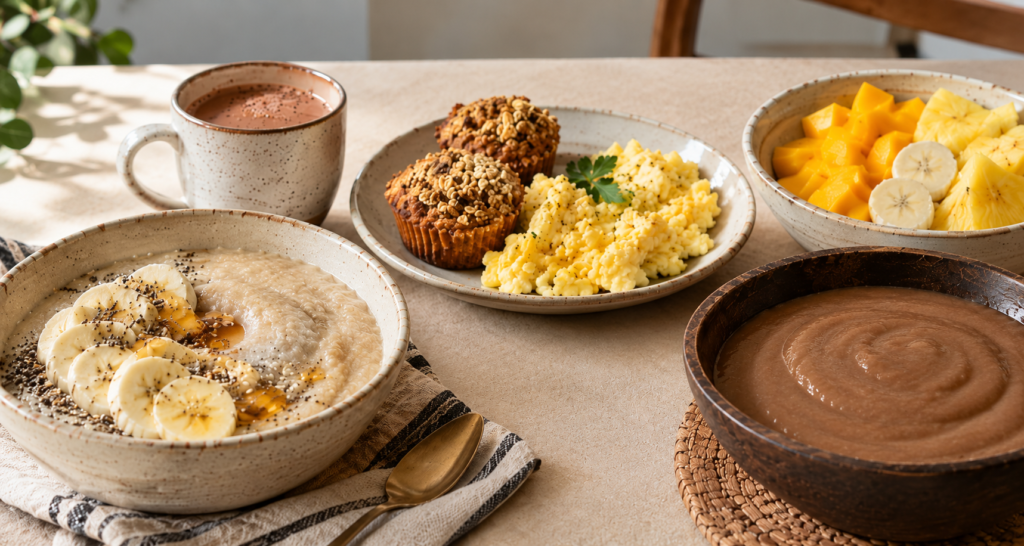 African breakfast ideas for kids featuring pap, fonio, oat muffins and fresh fruit.
