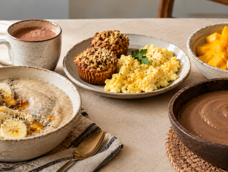 African breakfast ideas for kids featuring pap, fonio, oat muffins and fresh fruit.