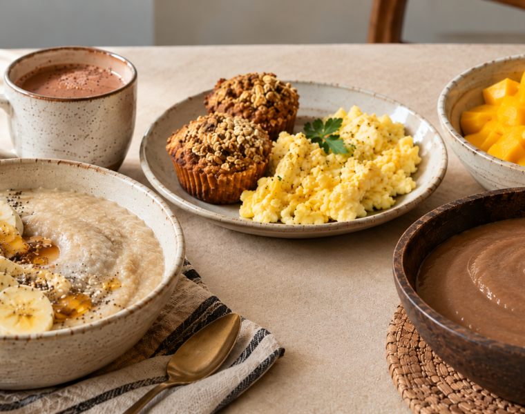 African breakfast ideas for kids featuring pap, fonio, oat muffins and fresh fruit.